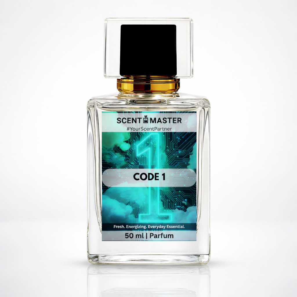 Perfume bottle labeled 'Scent Master Code 1' on a white background