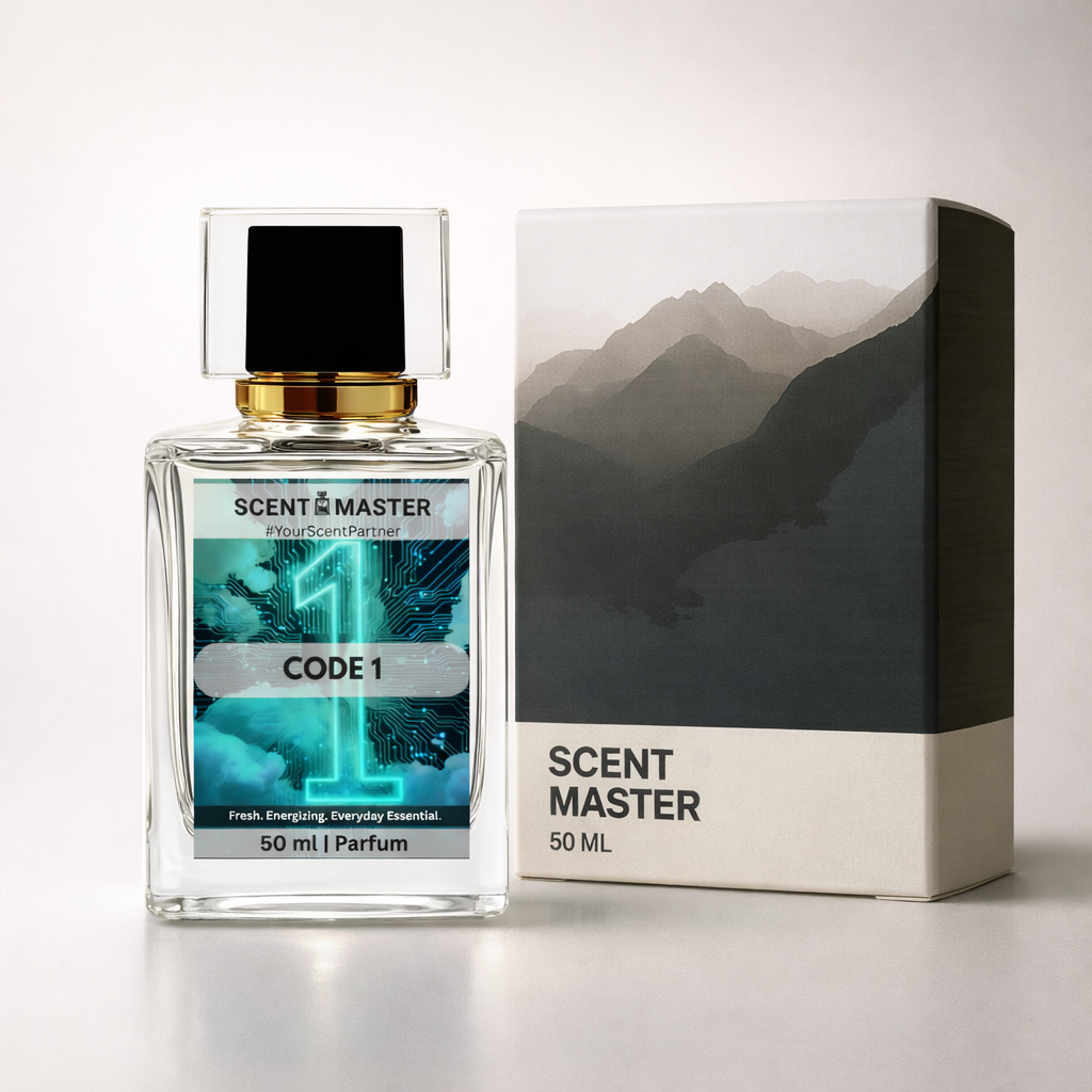 Scent Master perfume bottle and packaging with mountain design on a light background