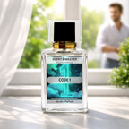 Perfume bottle labeled 'Code 1' on a table with a blurred background