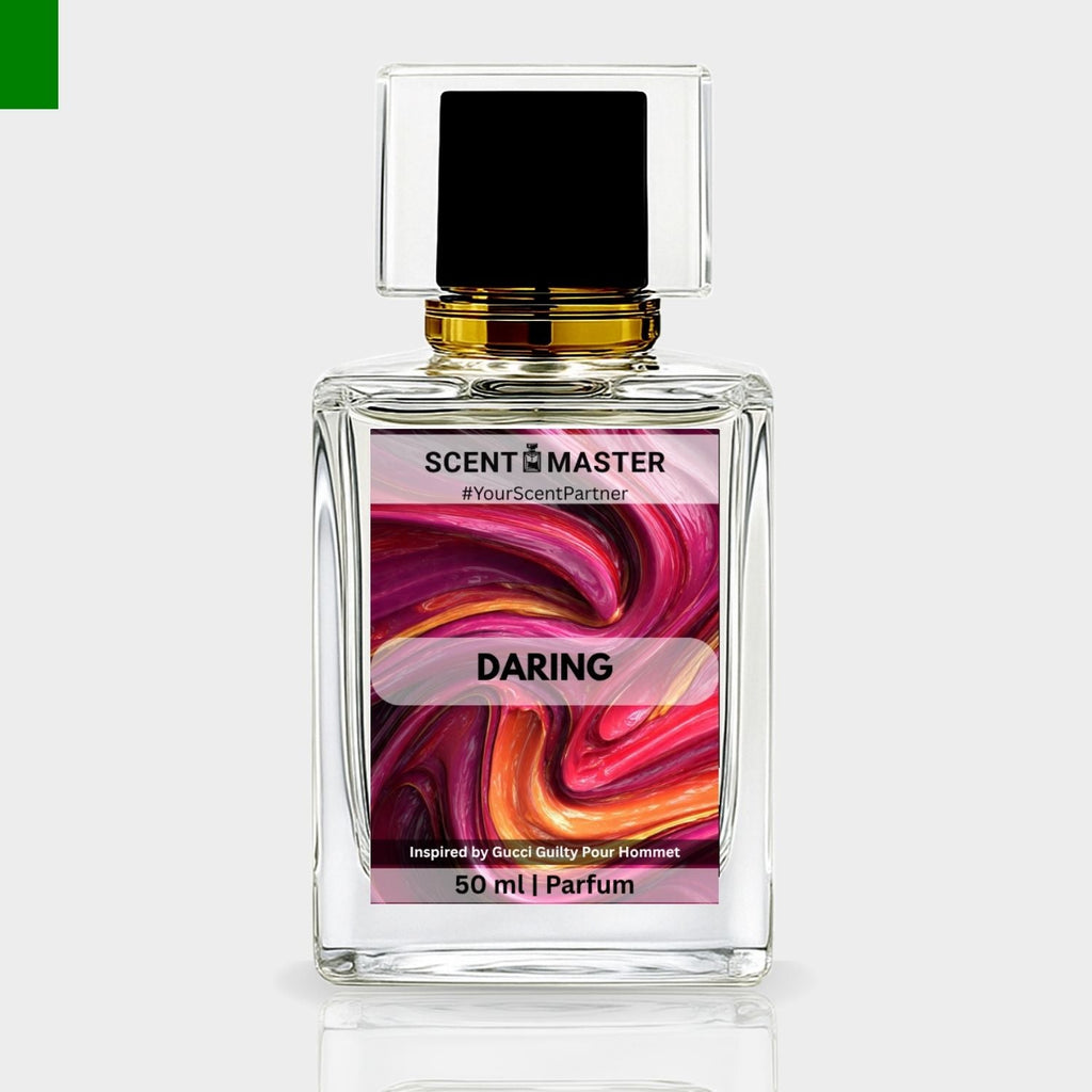 Perfume bottle labeled 'Scent Master Daring' on a light gray background