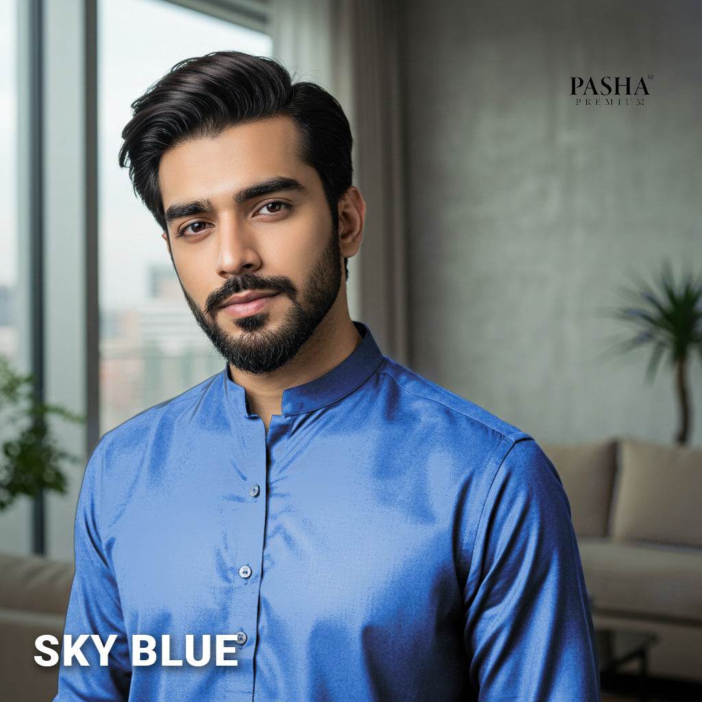 Pasha Premium | 100% Soft Egyptian Cotton | Luxurious Unstitched Fabric (Sky) - Sultan Fabrics