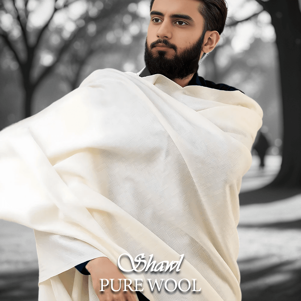 Libas-e-Andalus Pure Wool Shawl (Pearl White) - Sultan Fabrics