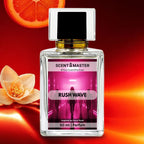 Perfume bottle labeled 'Scent Master Rush Wave' with a flower and orange slice on a red background
