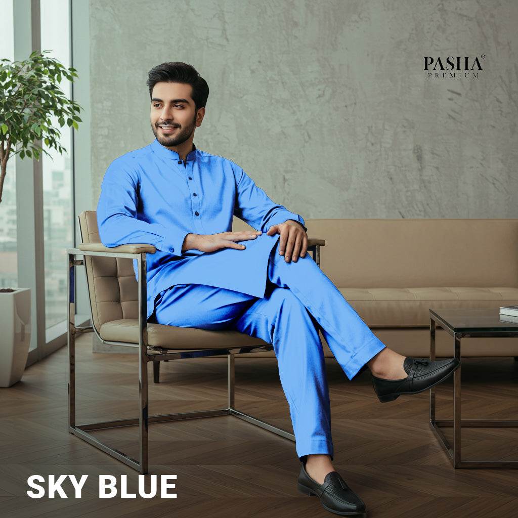Pasha Premium | 100% Soft Egyptian Cotton | Luxurious Unstitched Fabric (Sky) - Sultan Fabrics