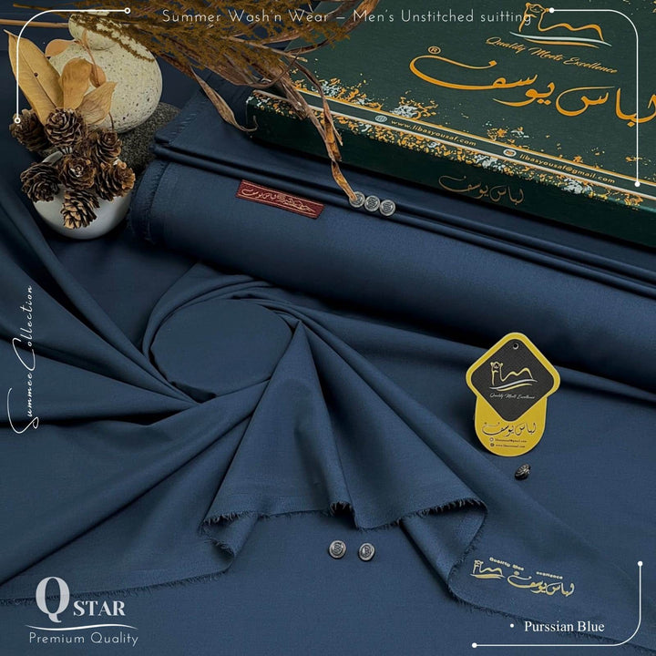 Q-Star Premium Quality Summer Wash & Wear Suit (Purssian Blue) 4-Meter - Sultan Fabrics