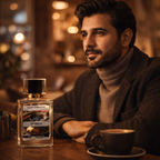 Man sitting at a table with a bottle of 'Scent Master Arabica' perfume and a cup of coffee.