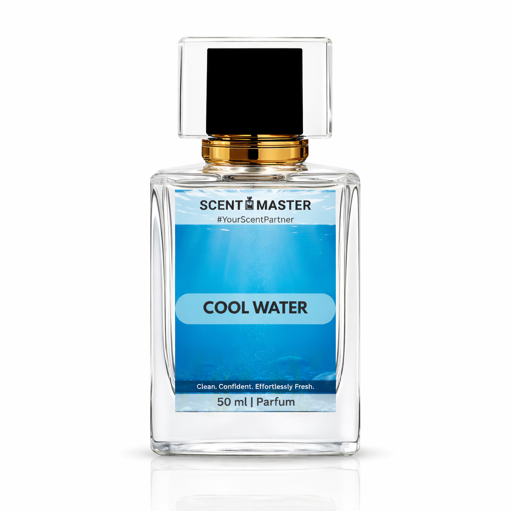 Perfume bottle labeled 'Cool Water' by Scent Master on a white background