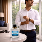Man adjusting his shirt with a 'Cool Water' cologne bottle on a table in a room.