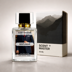 Perfume bottle and packaging of Scent Master Gentleman on a neutral background