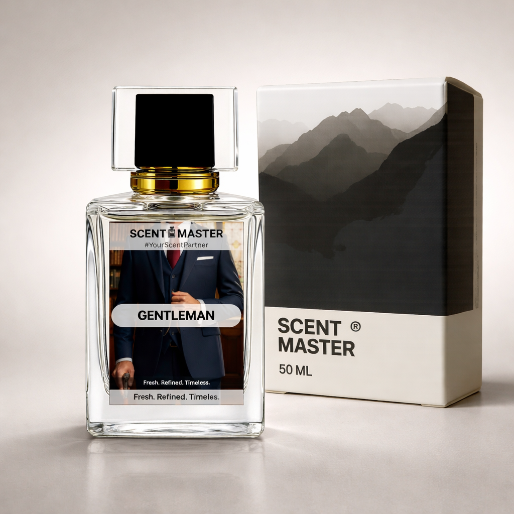 Perfume bottle and packaging of Scent Master Gentleman on a neutral background