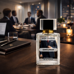 Perfume bottle labeled 'Scent Master Gentleman' on a table with a formal event background.