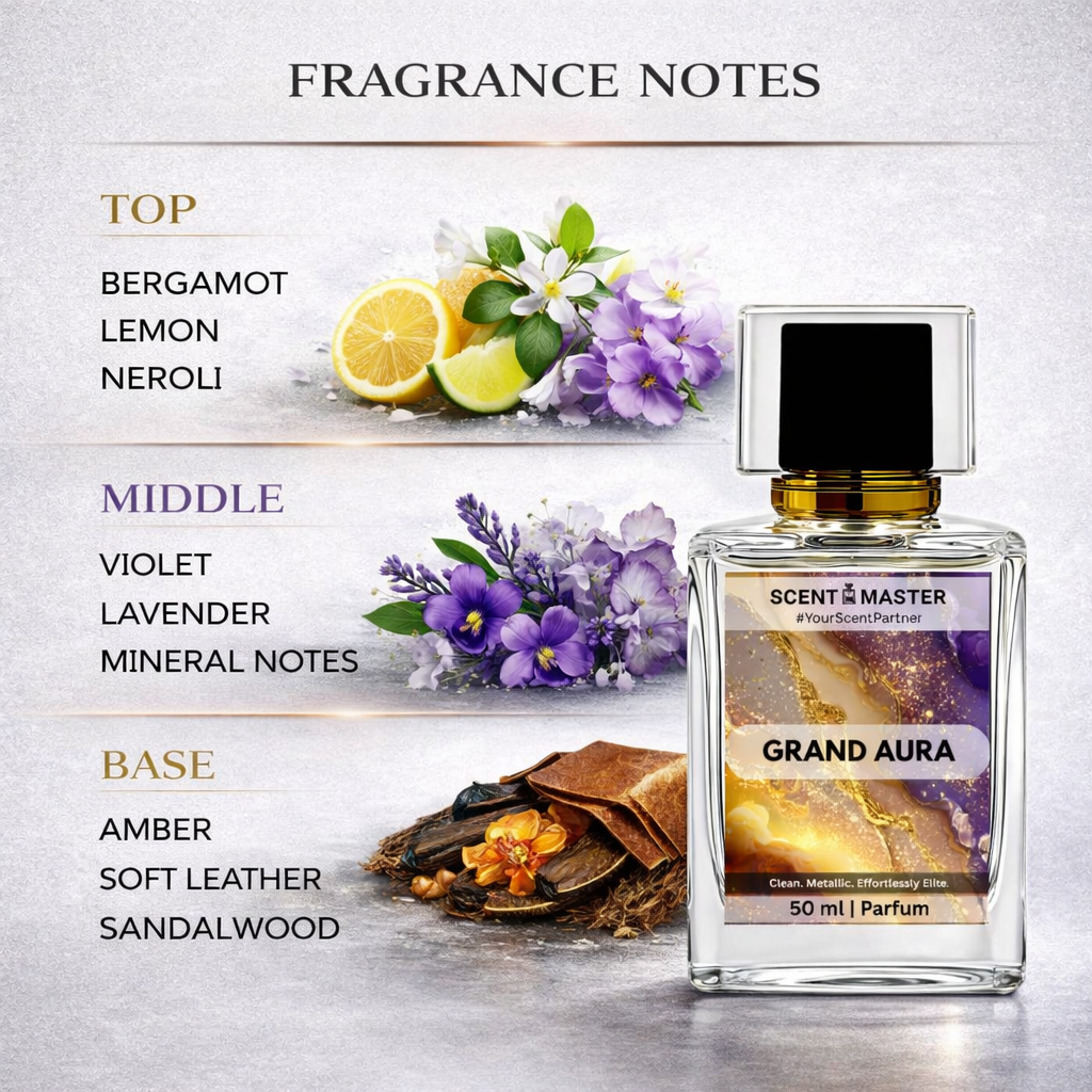 Perfume bottle labeled 'Grand Aura' with fragrance notes displayed on a light background