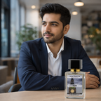 Man sitting at a table with a 'Scent Master' perfume bottle labeled 'Icon' in a blurred indoor setting.
