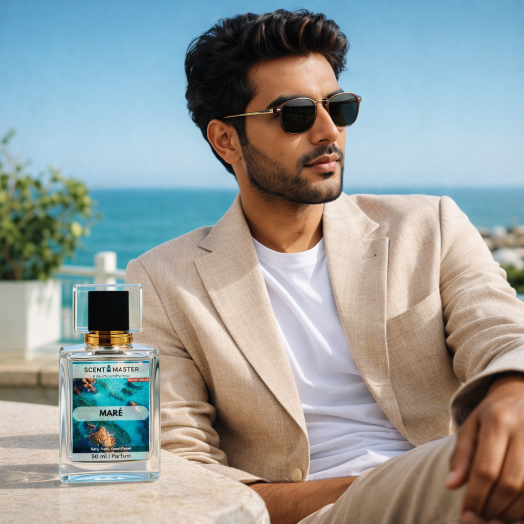 Man wearing sunglasses and a beige jacket with a bottle of Scent Master Mare perfume by the ocean.