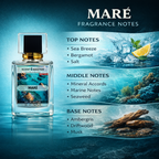 Maré fragrance bottle with ocean-themed design and fragrance notes listed.