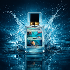 Perfume bottle labeled 'Scent Master Maré' with water splashes on a blue background
