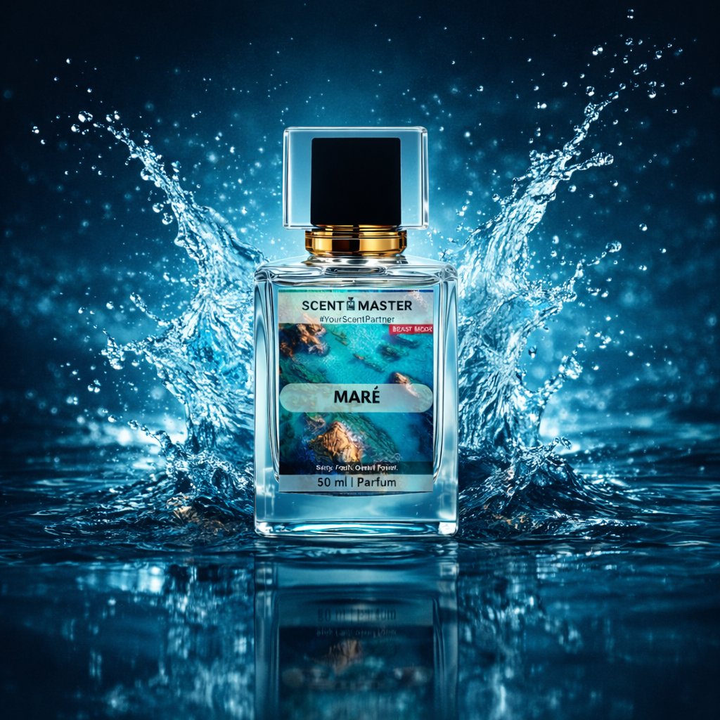 Perfume bottle labeled 'Scent Master Maré' with water splashes on a blue background