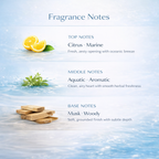 Fragrance notes description with lemon slices, water, and wooden elements on a light blue background
