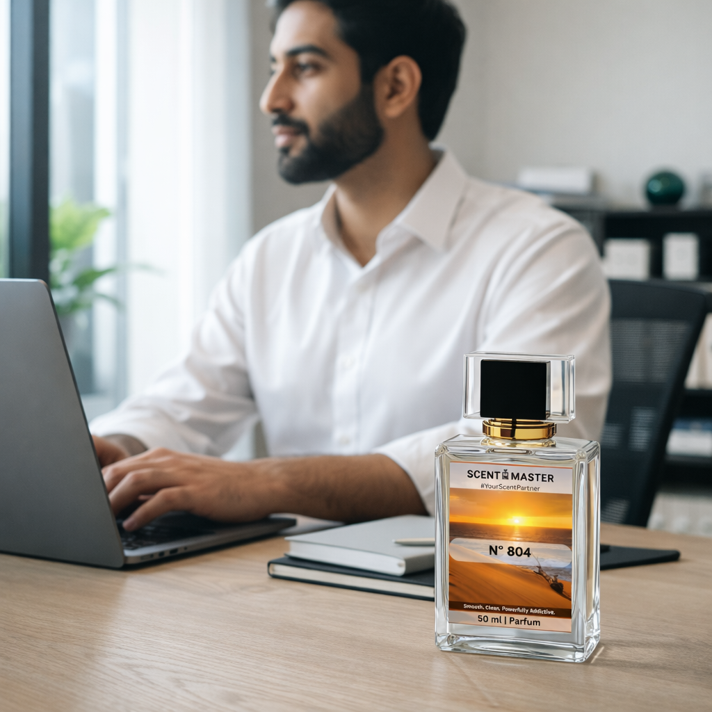 Man working on a laptop with a bottle of Scent Master No 804 perfume on a desk.