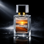Perfume bottle labeled 'Scent Master No 804' with a sunset design on a dark background