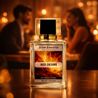 Perfume bottle labeled 'Red Desire' by Scent Master on a bar counter with blurred people in the background