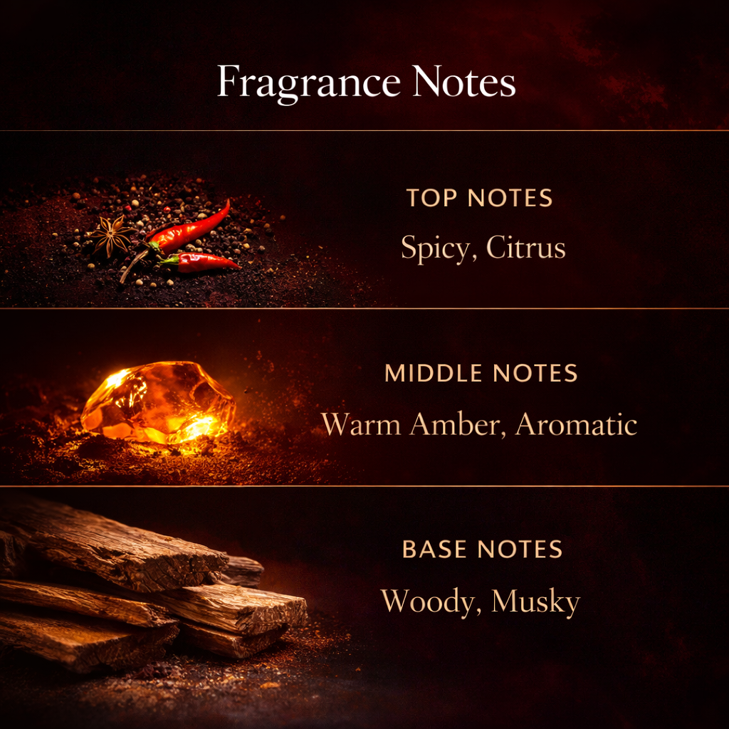 Fragrance notes description with spicy, citrus, warm amber, aromatic, woody, and musky elements.