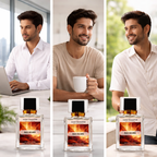 Three panels of a man in different settings with 'Scent Master Red Desire' perfume bottles.