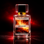 Perfume bottle labeled 'Red Desire' by Scent of the Master on a dark background with red lighting.