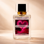 Perfume bottle labeled 'SCENT MASTER Romance' with a heart design on a warm background