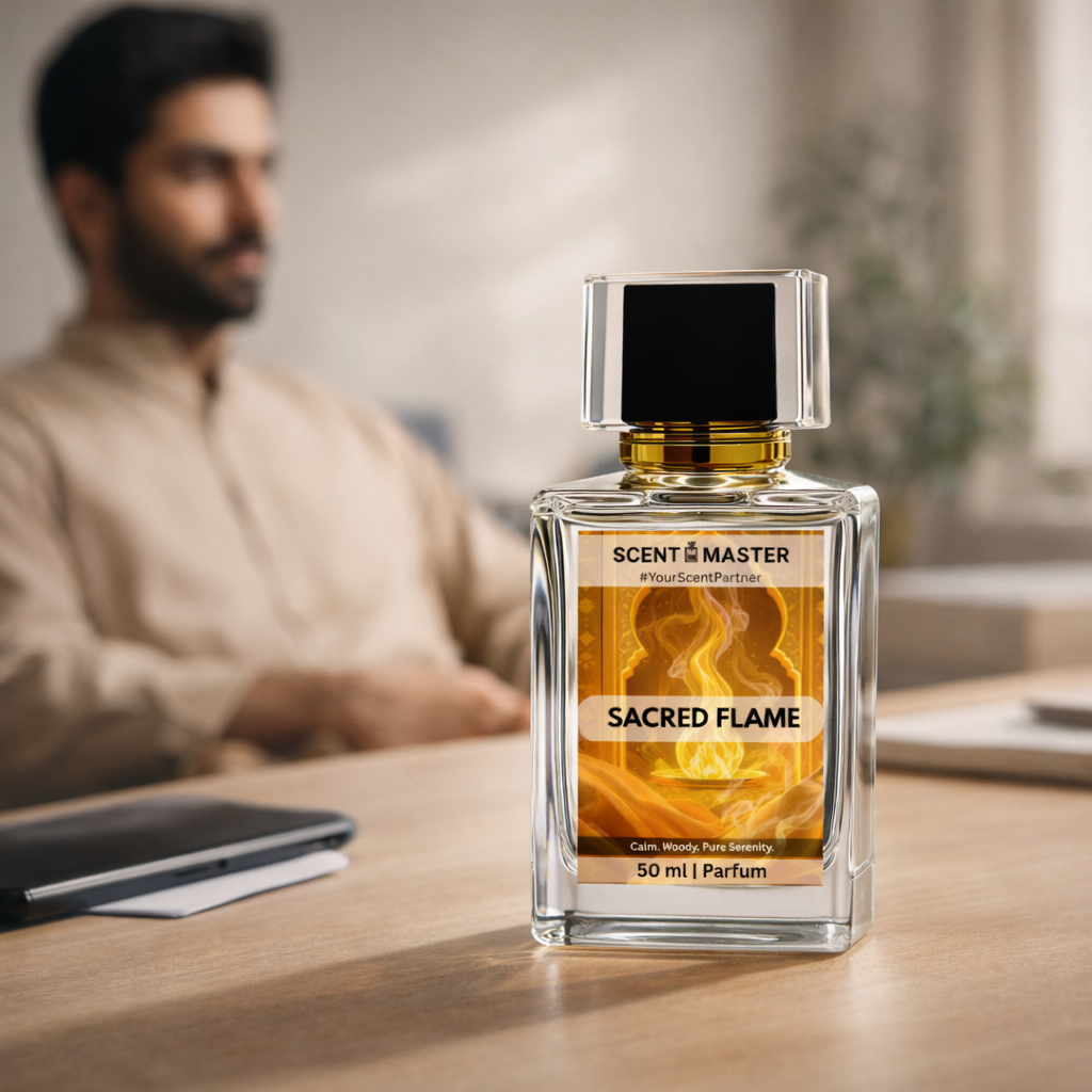 Perfume bottle labeled 'Sacred Flame' by Scent Master on a table with a blurred person in the background.