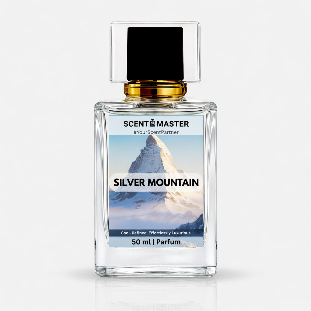 Perfume bottle labeled 'Silver Mountain' by Scent Master on a white background