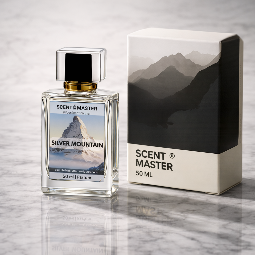 Scent Master Silver Mountain perfume bottle and packaging on a marble surface