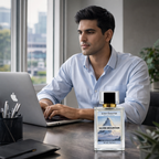 Man working on a laptop with a bottle of 'Silver Mountain' perfume on a desk.
