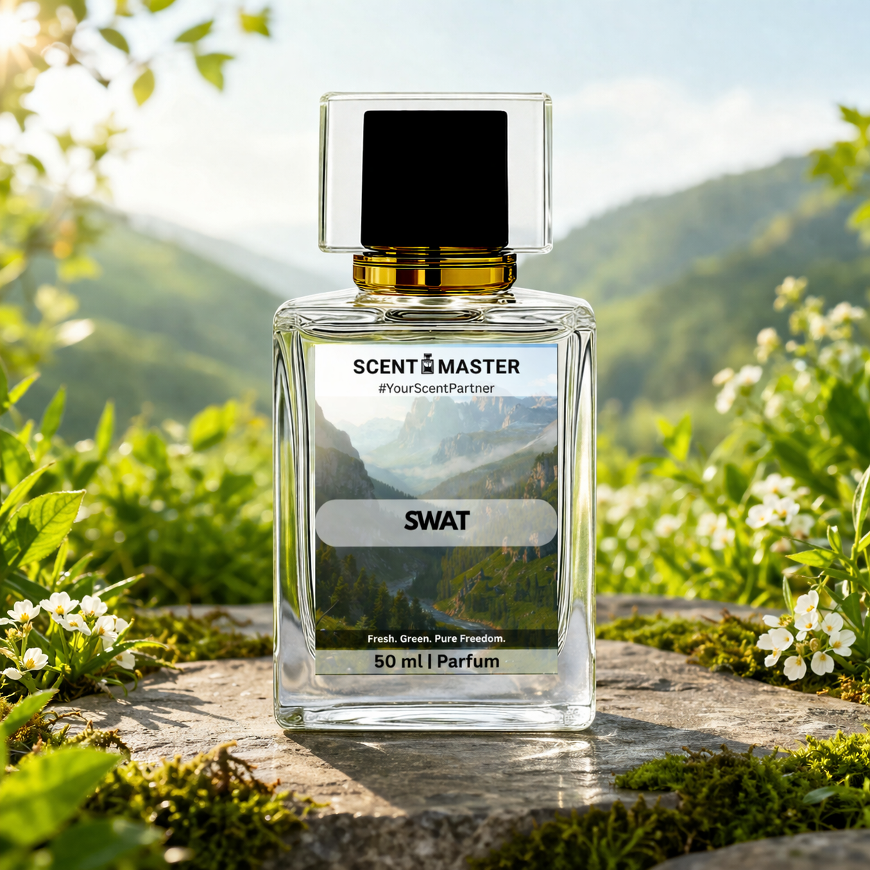 Perfume bottle labeled 'SCENT MASTER SWAT' with a scenic background