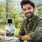 Man sitting outdoors with a bottle of Scent Master Swat perfume