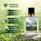 Perfume bottle labeled 'SCENT MASTER SWAT' with product features on a natural background