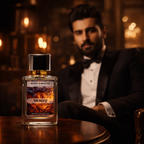 Perfume bottle labeled 'The Beast' on a table with a man in a tuxedo in the background