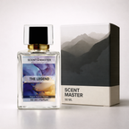 Scent Master "The Legend" perfume bottle and packaging with mountain design on a white background