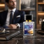Perfume bottle labeled 'The Legend' on a table with a blurred man in a suit in the background.