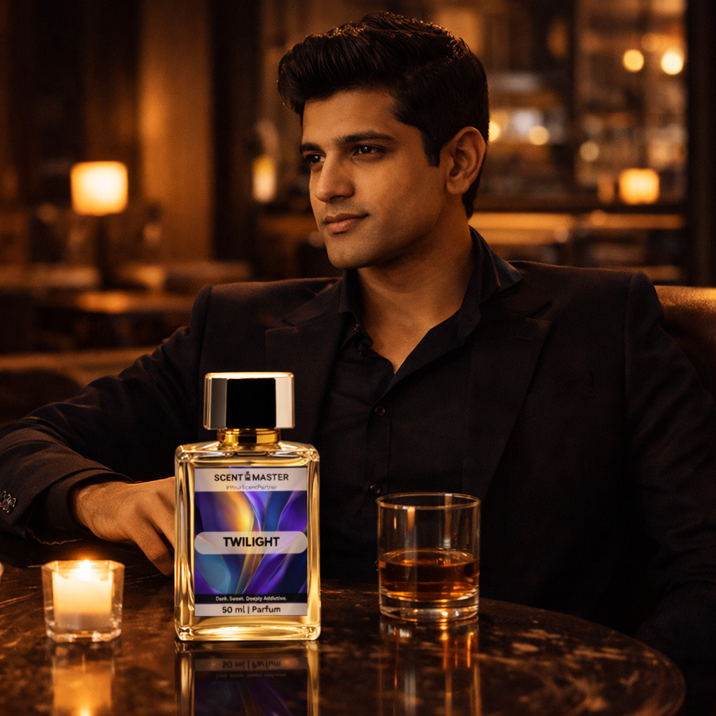 Man sitting at a table with a bottle of 'Twilight' perfume and a glass of cold drink in a dimly lit room.