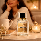 Scents Master Vanilla Kiss perfume bottle on a table with a blurred background of a woman and candles.