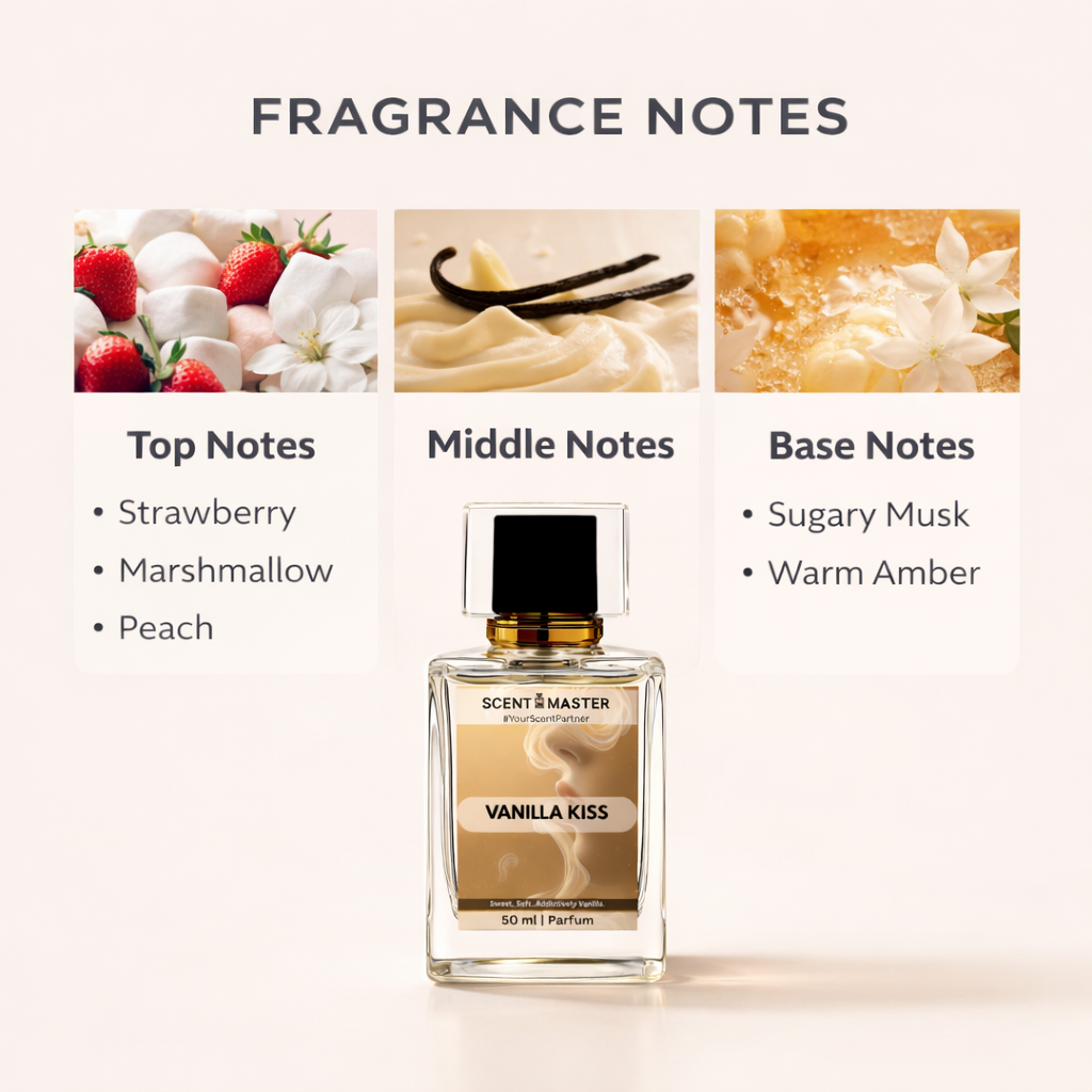 Perfume bottle labeled 'Vanilla Kiss' with fragrance notes displayed above on a white background.