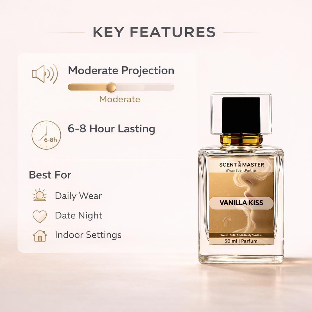 Perfume bottle labeled 'Vanilla Kiss' with key features displayed on a light background