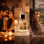 Collage of a couple at a romantic dinner, a bottle of 'Vanilla Kiss' perfume, and a woman sitting by a window with lights.