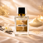 Perfume bottle labeled 'Vanilla Kiss' by Scent Master with vanilla beans and flowers on a soft background.