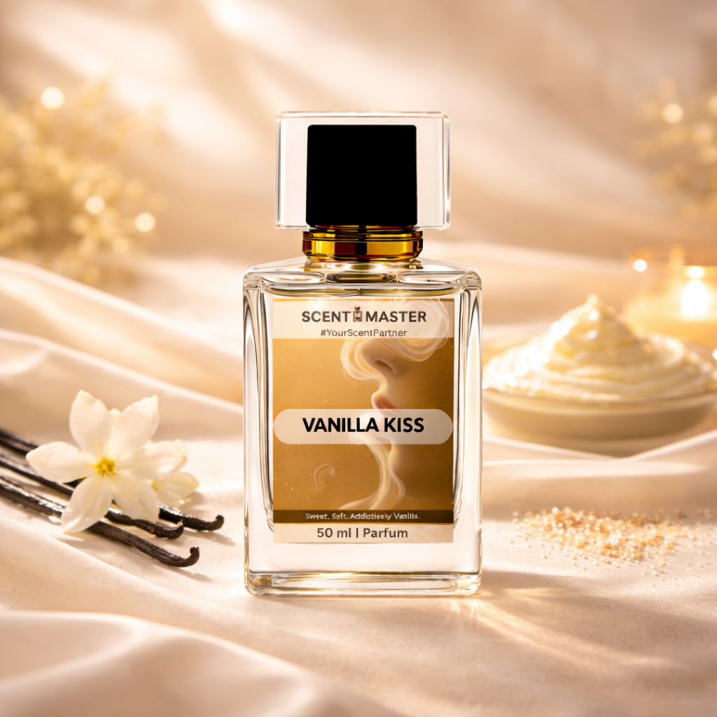 Perfume bottle labeled 'Vanilla Kiss' by Scent Master with vanilla beans and flowers on a soft background.