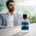Perfume bottle labeled 'Vision' by Scent Master on a table with a blurred man in the background