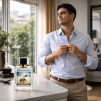 Man standing in a modern living room with a bottle of 'Wild'  perfume on a table.